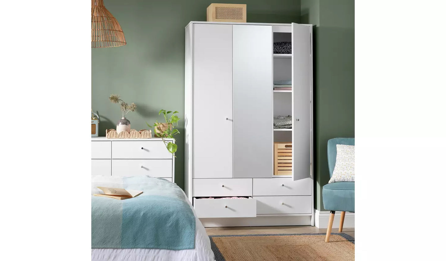 Assembled Malibu 3 Door 4 Drawer Mirror Wardrobe - White